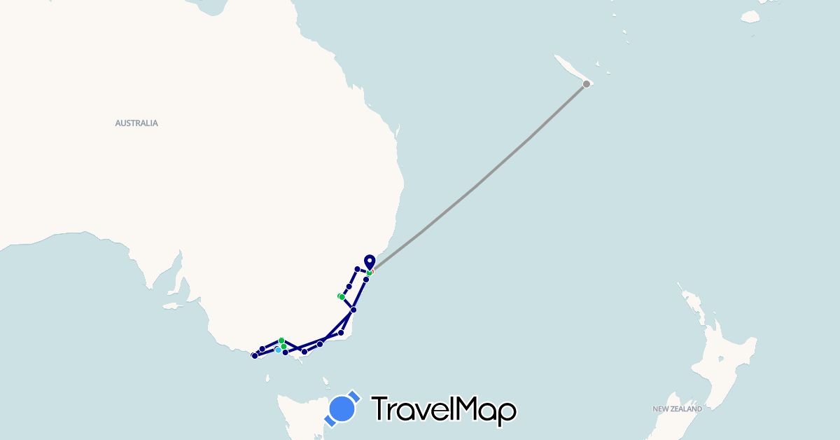 TravelMap itinerary: driving, bus, plane, hiking, boat in Australia, France (Europe, Oceania)